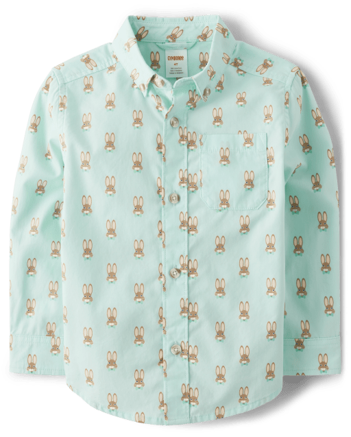 Boys Long Sleeve Bunny Print Poplin Button Up Shirt - Signs