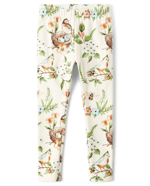 Girls Floral Bird Print Knit Leggings - Signs of Spring