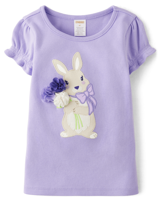 Girls Short Sleeve Embroidered Bunny Flower Top - Lovely Lavender