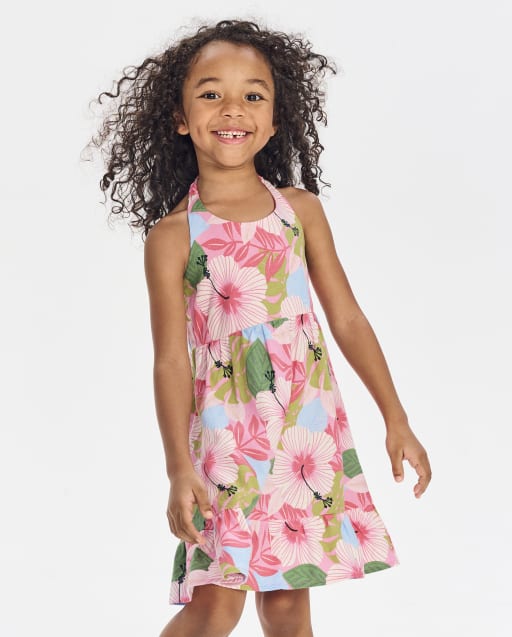 Girls Sleeveless Tropical Ruffle Dress - Little Essentials - PINK PEARL ...