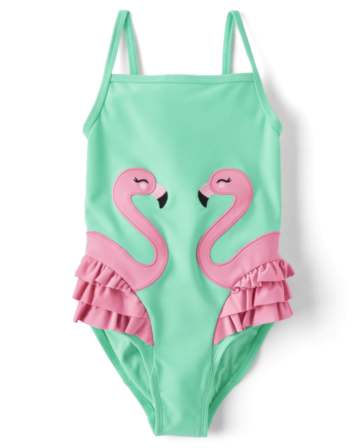 Girls Flamingo One Piece Swimsuit Splish Splash Green