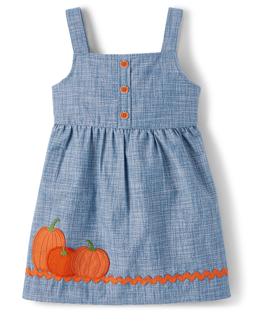 Girls Sleeveless Embroidered Pumpkin Chambray Jumper Autumn