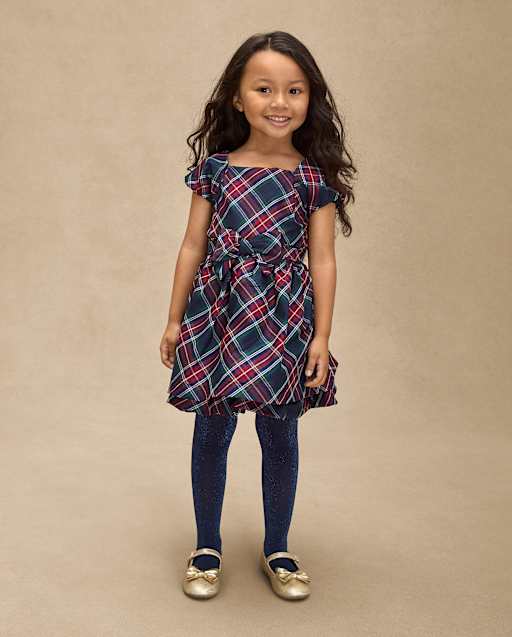 Girls Short Sleeve Plaid Bow Ruffle Dress - Royal Christmas - BLUE