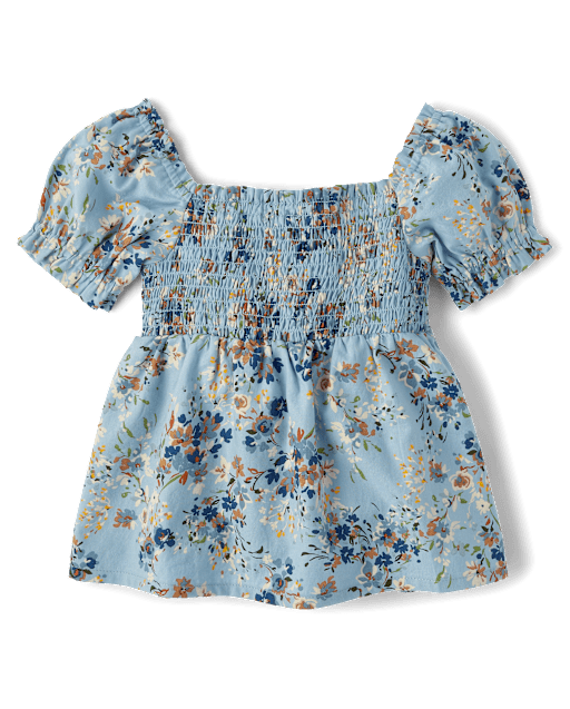 Light Blue Floral Print Flutter Sleeve Kids Top – Soft Cotton Summer Wear for Girls main image 1