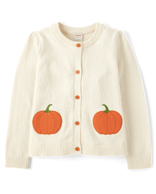 Girls Embroidered Pumpkin Cardigan Autumn Adventures Halo white
