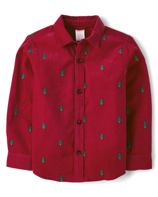 Boys Long Sleeve Schiffli Christmas Tree Corduroy Button Up