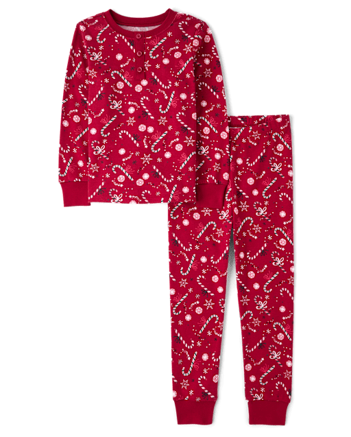 Unisex Kids Christmas Long Sleeve Candy Cane Print Henley Snug Fit Cotton Pajamas Gymmies RED Gymboree CA