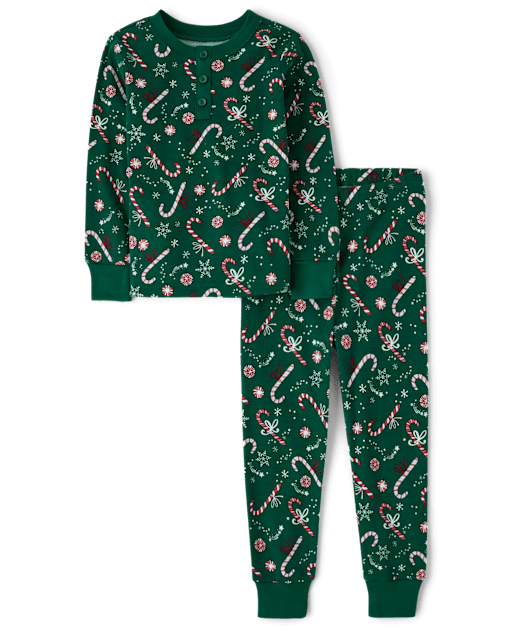Unisex Kids Christmas Long Sleeve Candy Cane Print Henley Snug Fit Cotton Pajamas Gymmies GREEN Gymboree