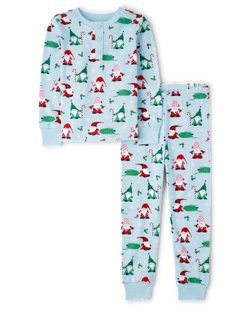Unisex Kids Christmas Long Sleeve Gnome Print Henley Snug Fit Cotton Pajamas Gymmies BLUE Gymboree CA