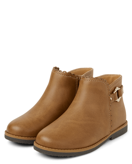 Girls Scalloped Flower Buckle Booties Little Essentials TAN