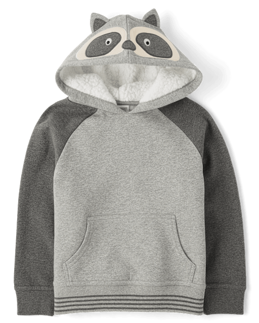 Boys Embroidered Raccoon Fleece Hoodie Country Charm Gray