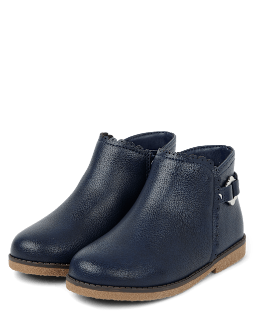 Girls Scalloped Flower Buckle Booties Little Essentials Navy