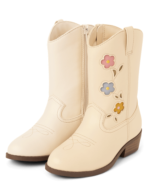 Girls Embroidered Floral Cowgirl Boots Country Charm Beige