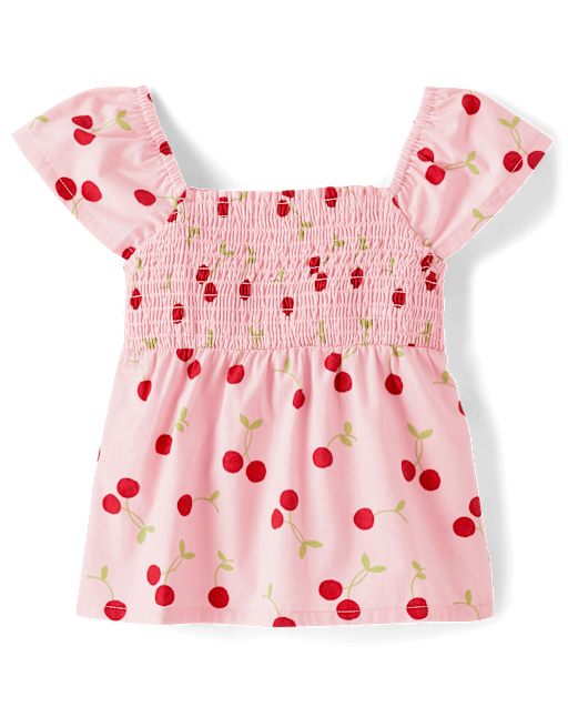 Girls Short Flutter Sleeves Cherry Smocked Top - Sweet Summer