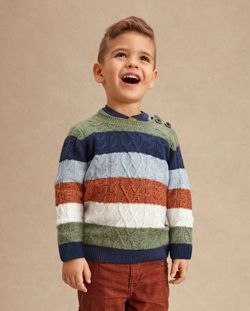 Boys Long Sleeve Striped Cable Knit Sweater - Fall Celebrations