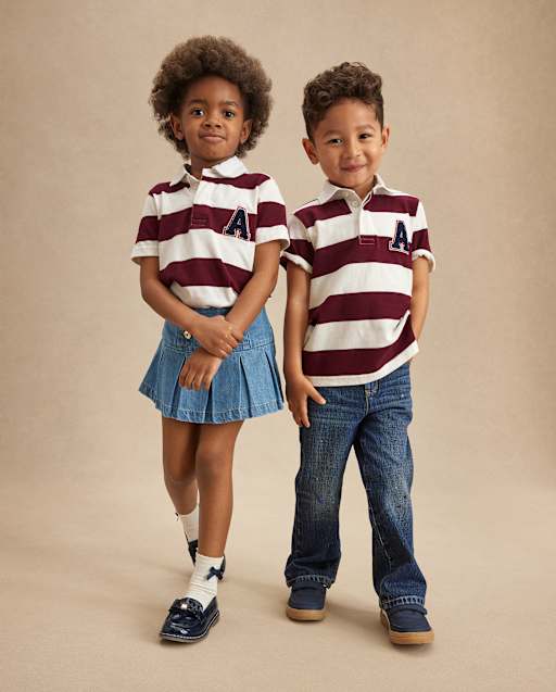 ラグビーボーイ Kids Short Sleeve Striped Rugby Polo - Campus Cuties - BURGUNDY