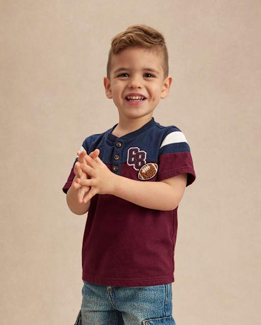 Boys Short Sleeve Colorblock Varsity Henley Top - Campus Cuties