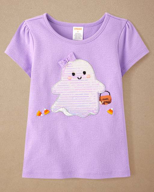 Girls Short Sleeve Embroidered Ghost Top - Halloween - PURPLE