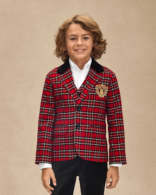 Boys Long Sleeve Plaid Blazer - Royal Christmas - RED | Gymboree CA