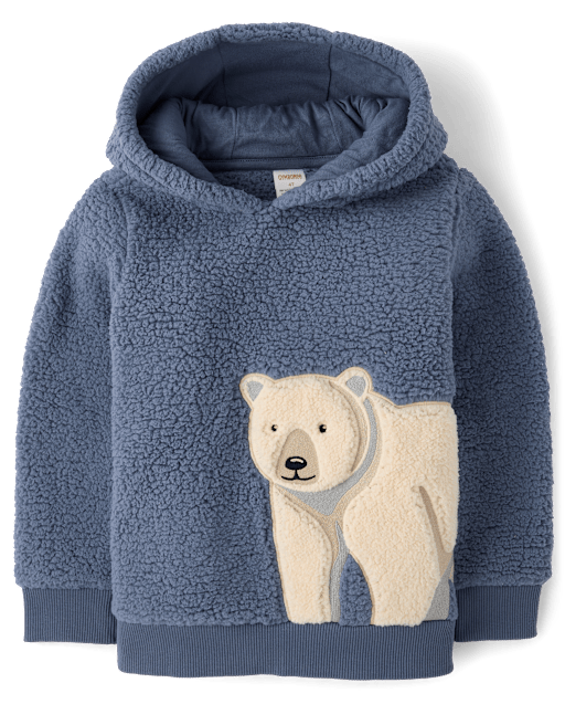 【ハンドメイド】ユメミルBear ポーラー(ブルー) Boys Long Sleeve Embroidered Polar Bear Sherpa Hoodie - First