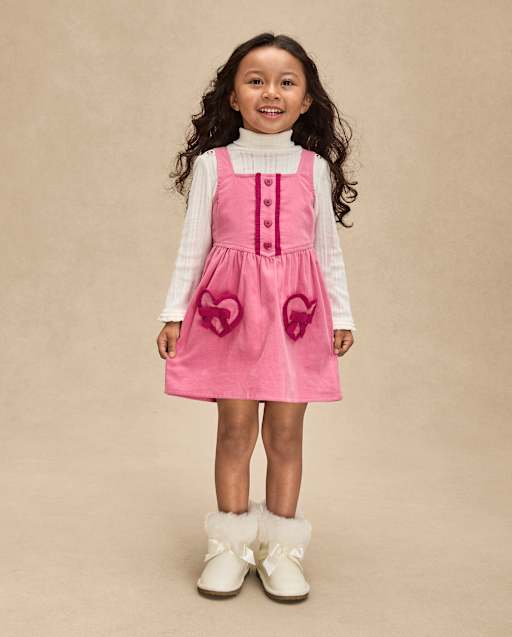 Girls Sleeveless Ruffle Heart Corduroy Jumper - Mon Cheri - PINK