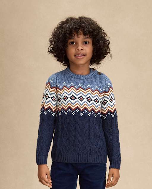 Boys Long Sleeve Fairisle Cable Knit Sweater - First Frost - BLUE