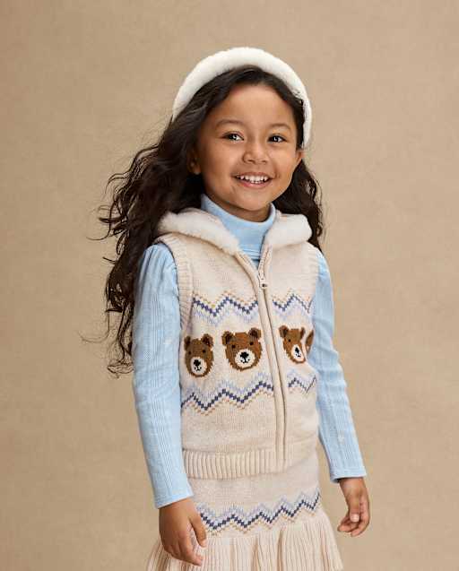 Girls Sleeveless Bear Fairisle Zip Up Vest - First Frost - TAN