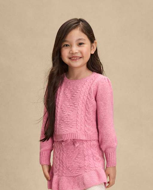 Girls Long Sleeve Heart Cable Knit Sweater - Mon Cheri - PINK
