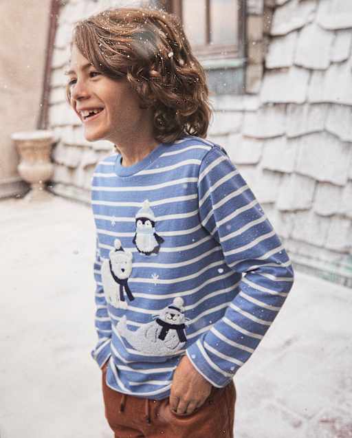 トップス NC Boys Long Sleeve Striped Embroidered Polar Animals Top - First