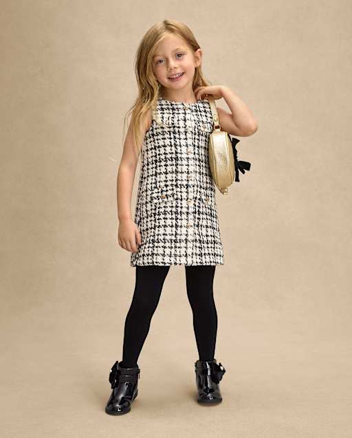 Girls Sleeveless Plaid Button Tweed Shift Dress - Petit  display picture 1