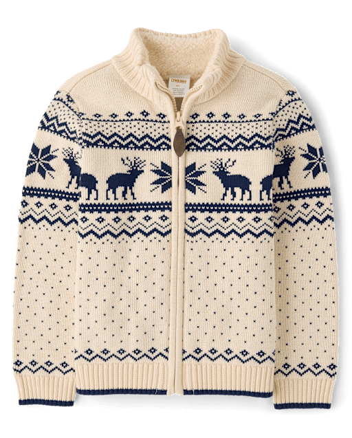 Boys Long Sleeve Reindeer Fairisle Zip Up Sweater - First Frost