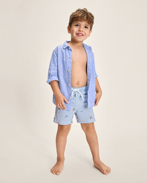 Boys Embroidered Coastal Seersucker Swim Trunks - Swim Shop - BLUE