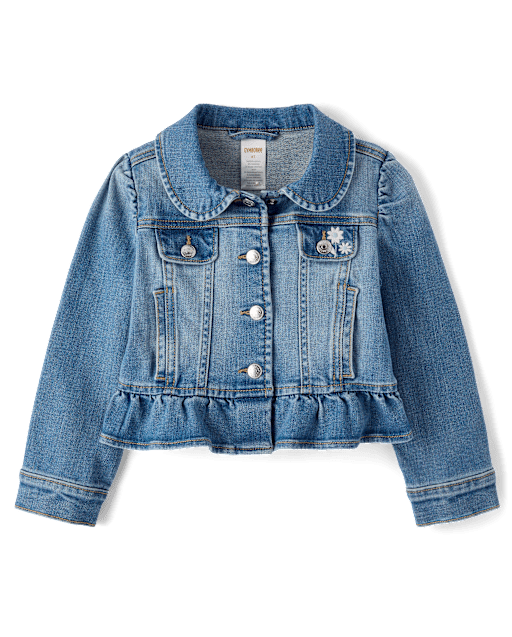 Girls Long Sleeve Embroidered Floral Peplum Denim Jacket
