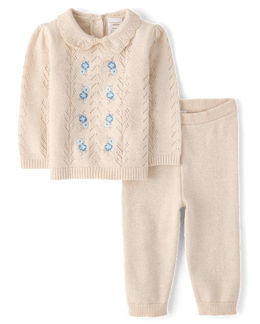 Embroidered Floral Crochet Sweater 2 Piece Outfit Set