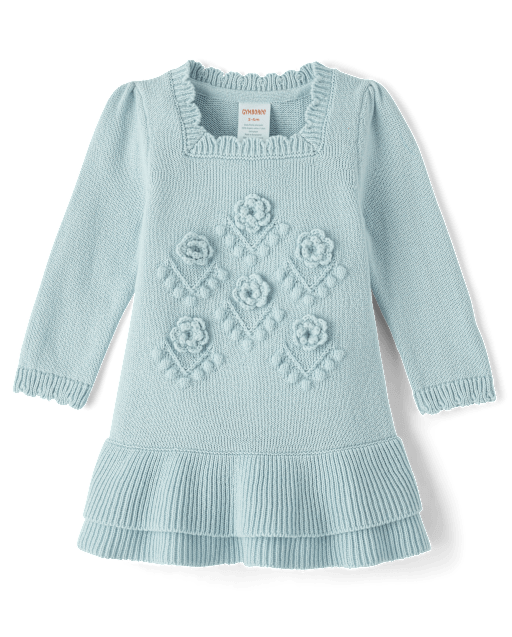 Crochet Floral Drop Waist Tiered Sweater Dress