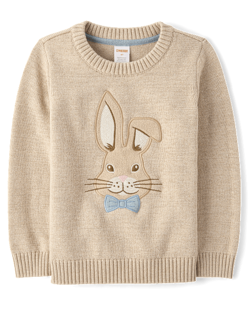 Boys Long Sleeve Applique Bunny Sweater - Enchanted Garden - GRAY