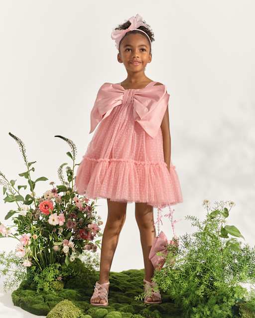 Girls | Oversized Bow Fit And Flare Dress - Marchesa Mini x Gymboree in Pink | Size 7 | 100% Polyester
