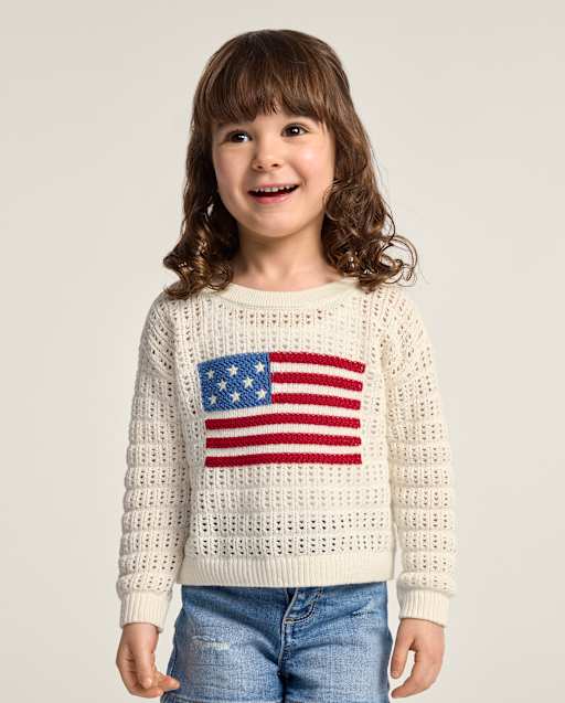 Girls Long Sleeve Crochet Flag Sweater - Nantucket Charm - CREAM