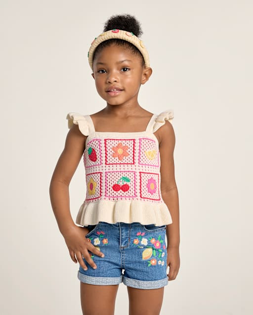 Girls Sleeveless Crochet Applique Fruit Peplum Tank Top - Amalfi