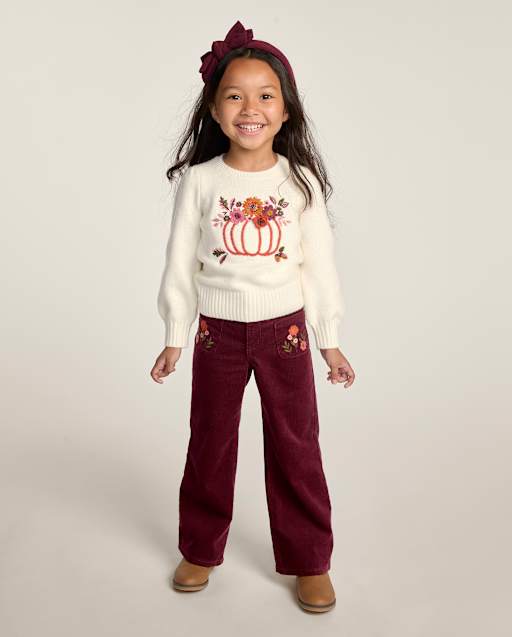 Girls Embroidered Floral Corduroy Wide Leg Pants - The Harvest