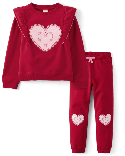 Girls Long Sleeve Embroidered Heart Fleece 2-Piece Outfit Set