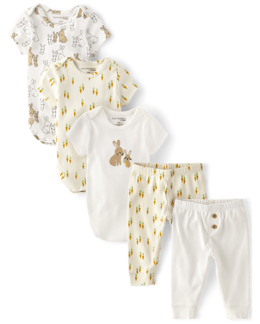 Unisex Baby Short Sleeve Bunny Bodysuit And Pants 5-Piece Outfit