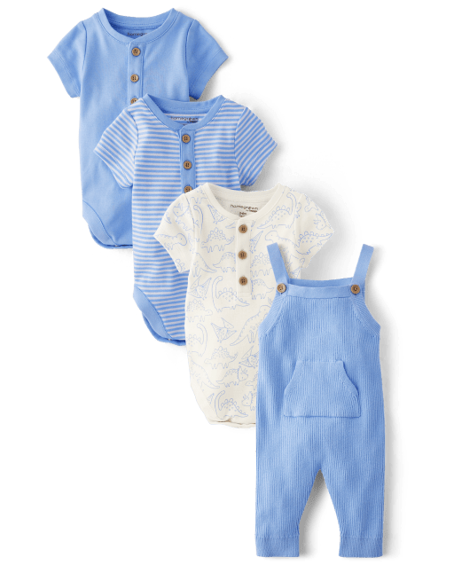 Baby Boys Short Sleeve Dino Bodysuit And Overalls 4 Piece Outfit