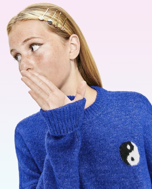 Teen Girls Long Sleeve Yin Yang Cropped Sweater - BLUE | The