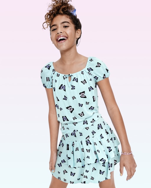 Teen Girls Butterfly Print Smocked Knit Tiered Skirt - BLUE