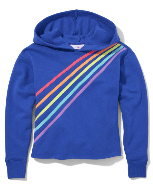 Teen Girls Long Sleeve Rainbow Striped Cropped Cozy Hoodie - BLUE