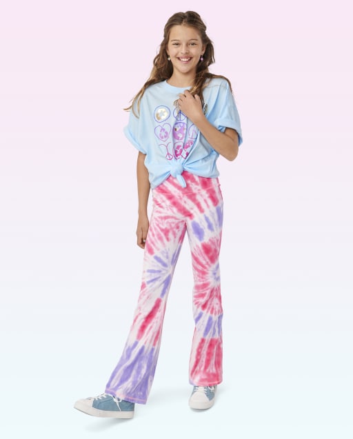 Girls Tie Dye Print And Knit Flare Leggings 2-Pack