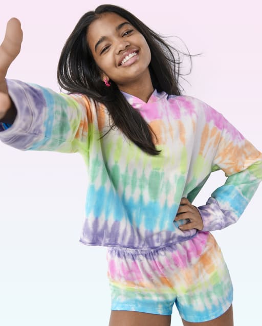 Teen Girls Long Sleeve Tie Dye French Terry Hoodie - WHITE Teen Girls Long Sleeve Tie Dye French Terry Hoodie - WHITE