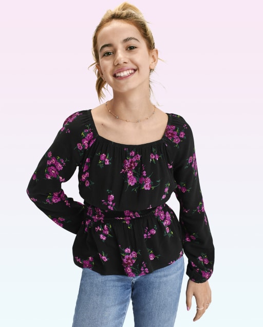 Teen Girls Long Balloon Sleeve Floral Print Smocked Peplum