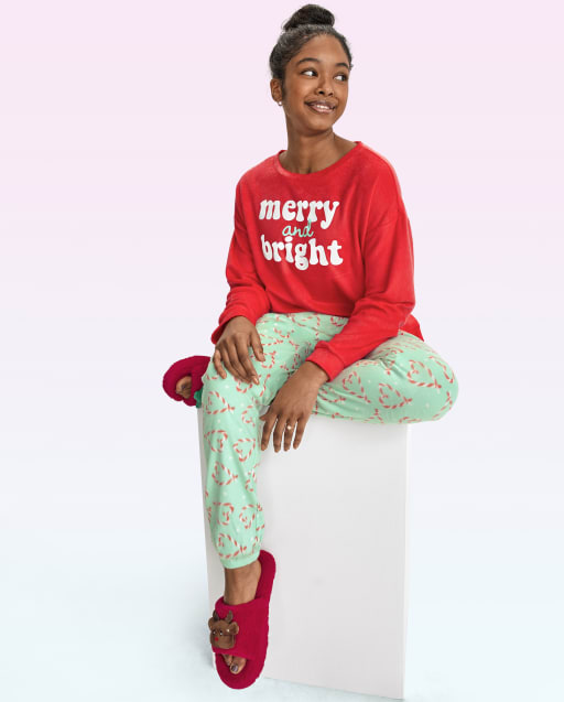 Teen Girls Christmas Long Sleeve Merry And Bright Fleece Pajamas